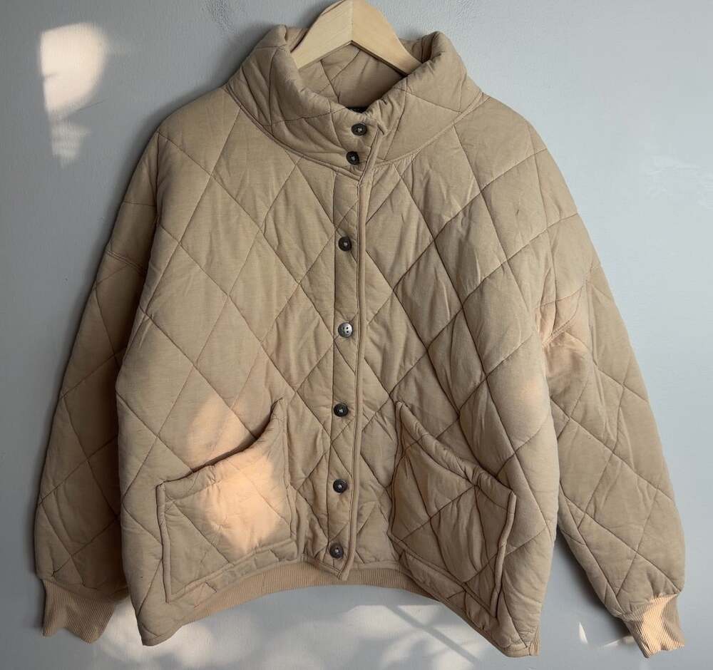 Wild Fable Quilted Jacket Tan Snap Front Mock Neck Size XXL Women’s